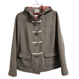 Old Navy Duffle Coat Womens Lg Brown Hooded Toggle Plaid Lined Wool Blend Jacket